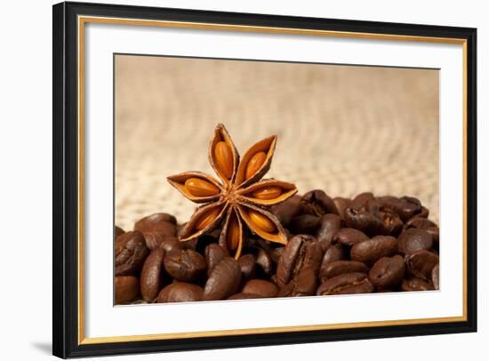 Coffee And Star Anise On Sackcloth Background With Copyspace-wasja-Framed Photographic Print