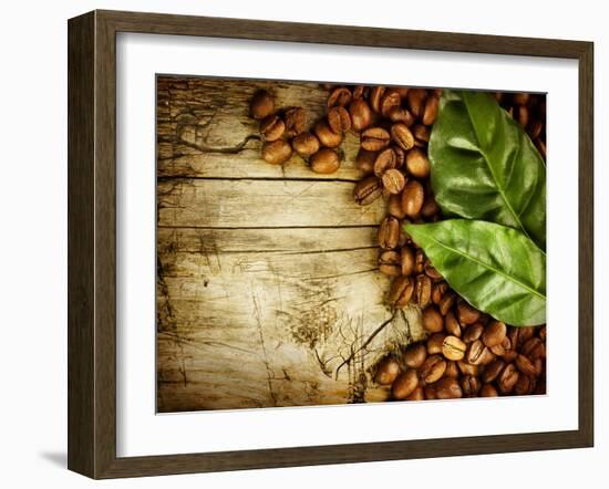 Coffee Beans Over Wood Background-Subbotina Anna-Framed Art Print