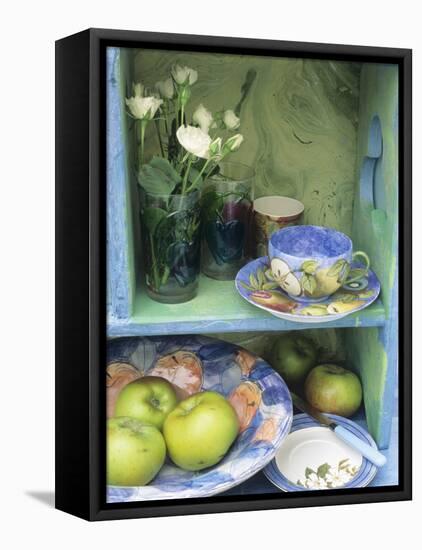 Coffee Cup, Flowers and Bowl of Apples on Shelves-Linda Burgess-Framed Premier Image Canvas