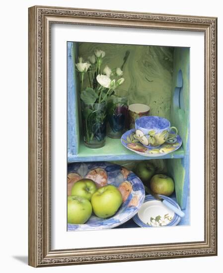 Coffee Cup, Flowers and Bowl of Apples on Shelves-Linda Burgess-Framed Photographic Print