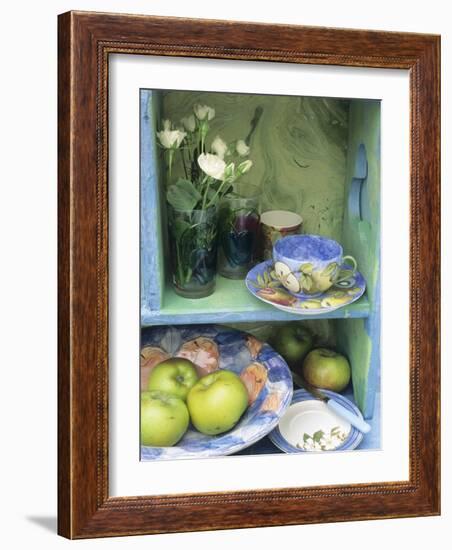 Coffee Cup, Flowers and Bowl of Apples on Shelves-Linda Burgess-Framed Photographic Print