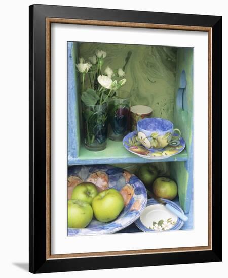 Coffee Cup, Flowers and Bowl of Apples on Shelves-Linda Burgess-Framed Photographic Print