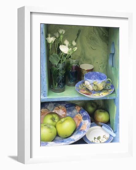 Coffee Cup, Flowers and Bowl of Apples on Shelves-Linda Burgess-Framed Photographic Print