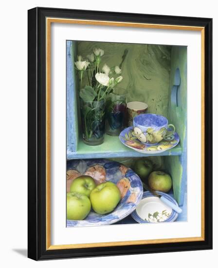 Coffee Cup, Flowers and Bowl of Apples on Shelves-Linda Burgess-Framed Photographic Print