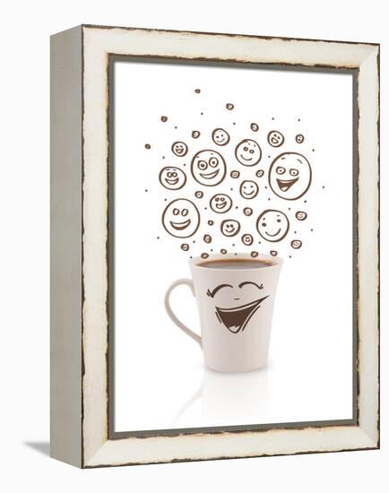 Coffee-Cup With Brown Hand Drawn Happy Smiley Faces, Isolated On White-ra2studio-Framed Stretched Canvas