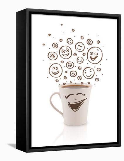 Coffee-Cup With Brown Hand Drawn Happy Smiley Faces, Isolated On White-ra2studio-Framed Stretched Canvas