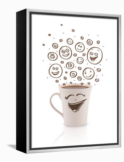 Coffee-Cup With Brown Hand Drawn Happy Smiley Faces, Isolated On White-ra2studio-Framed Stretched Canvas