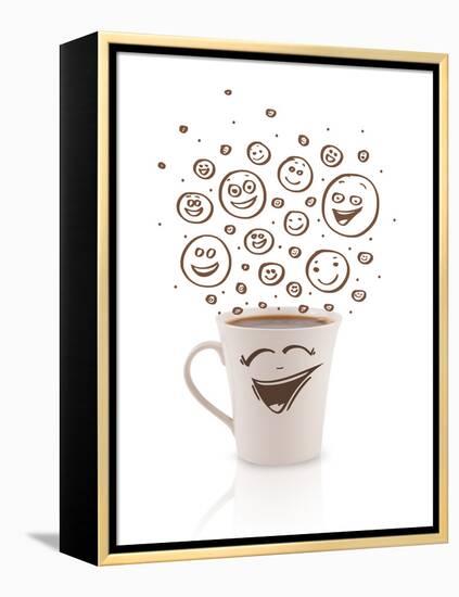 Coffee-Cup With Brown Hand Drawn Happy Smiley Faces, Isolated On White-ra2studio-Framed Stretched Canvas