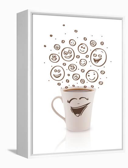 Coffee-Cup With Brown Hand Drawn Happy Smiley Faces, Isolated On White-ra2studio-Framed Stretched Canvas