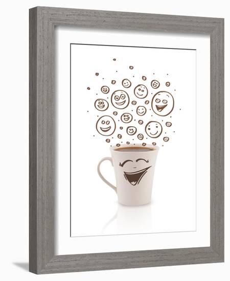 Coffee-Cup With Brown Hand Drawn Happy Smiley Faces, Isolated On White-ra2studio-Framed Premium Giclee Print