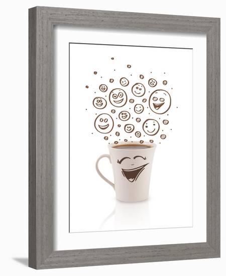 Coffee-Cup With Brown Hand Drawn Happy Smiley Faces, Isolated On White-ra2studio-Framed Art Print