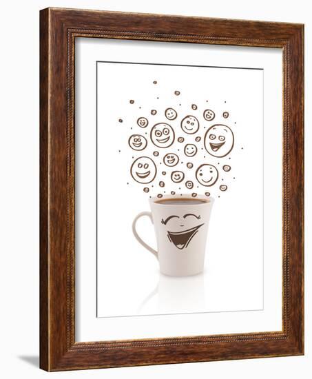 Coffee-Cup With Brown Hand Drawn Happy Smiley Faces, Isolated On White-ra2studio-Framed Art Print