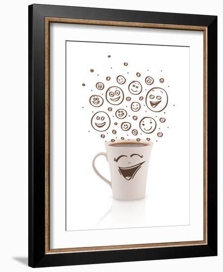 Coffee-Cup With Brown Hand Drawn Happy Smiley Faces, Isolated On White-ra2studio-Framed Art Print