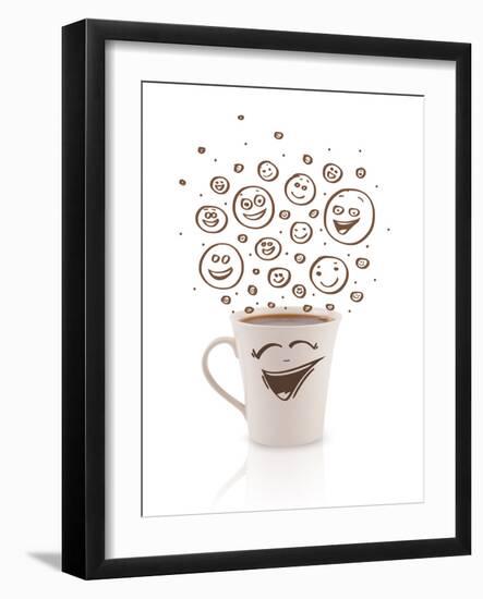 Coffee-Cup With Brown Hand Drawn Happy Smiley Faces, Isolated On White-ra2studio-Framed Art Print