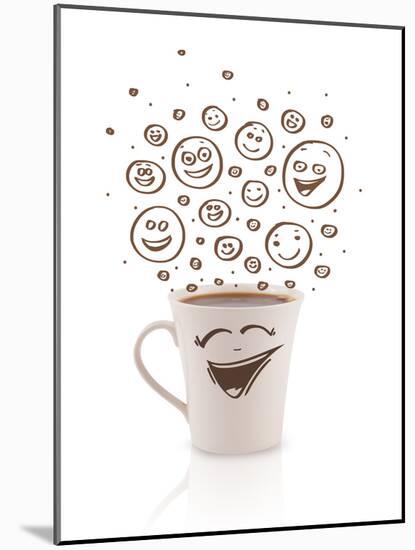 Coffee-Cup With Brown Hand Drawn Happy Smiley Faces, Isolated On White-ra2studio-Mounted Art Print