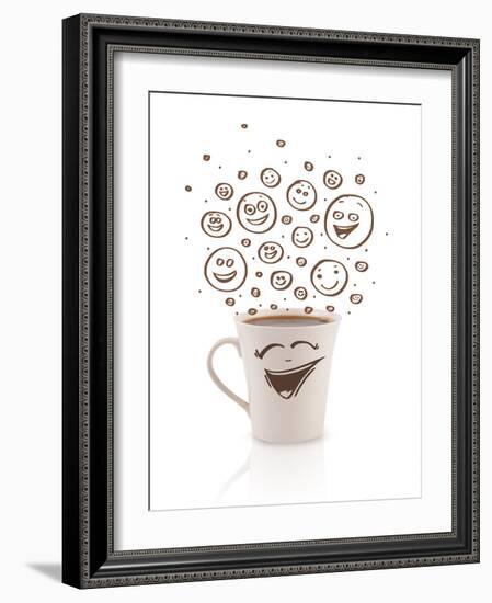 Coffee-Cup With Brown Hand Drawn Happy Smiley Faces, Isolated On White-ra2studio-Framed Art Print