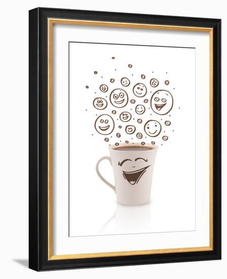 Coffee-Cup With Brown Hand Drawn Happy Smiley Faces, Isolated On White-ra2studio-Framed Art Print