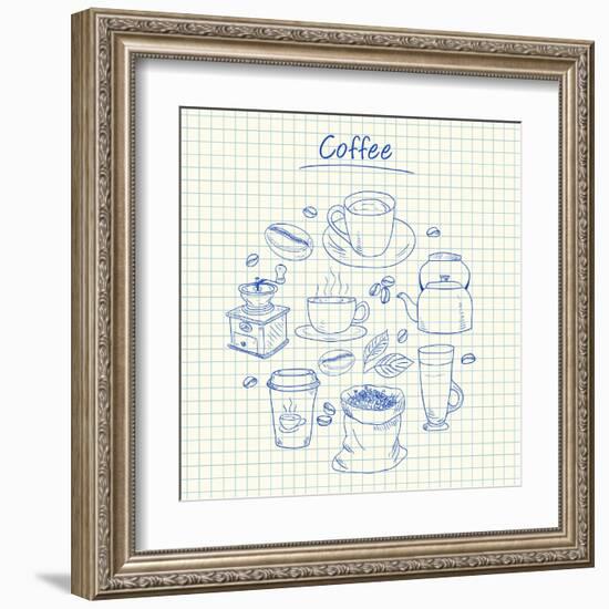 Coffee Doodles - Squared Paper-kytalpa-Framed Art Print