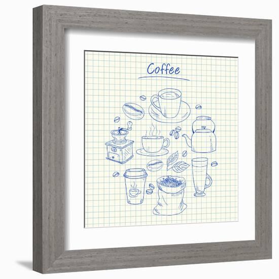 Coffee Doodles - Squared Paper-kytalpa-Framed Art Print