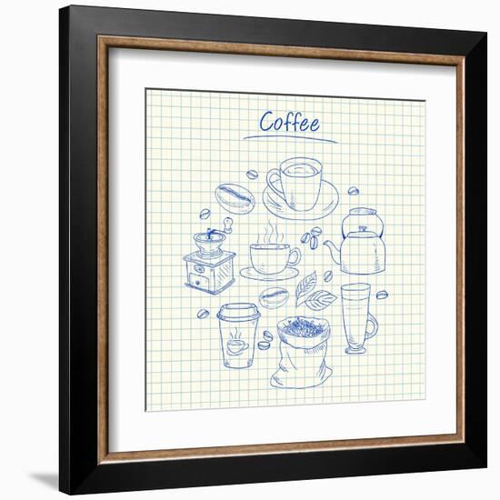 Coffee Doodles - Squared Paper-kytalpa-Framed Art Print