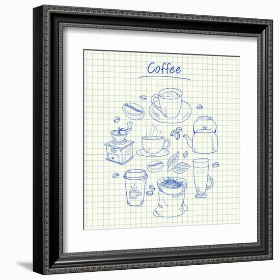 Coffee Doodles - Squared Paper-kytalpa-Framed Art Print