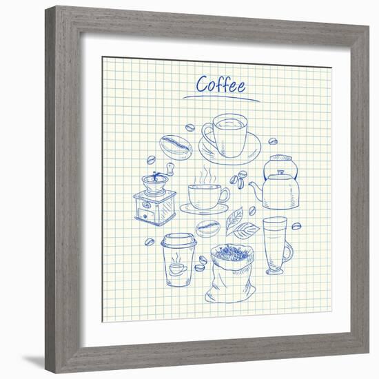 Coffee Doodles - Squared Paper-kytalpa-Framed Art Print