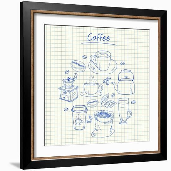 Coffee Doodles - Squared Paper-kytalpa-Framed Art Print