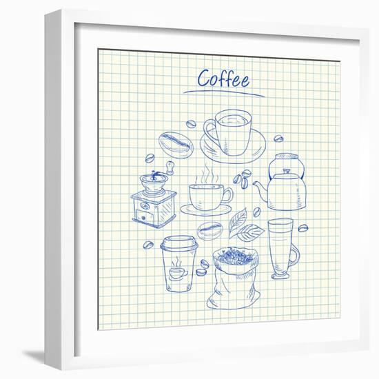 Coffee Doodles - Squared Paper-kytalpa-Framed Art Print