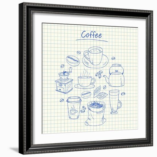 Coffee Doodles - Squared Paper-kytalpa-Framed Art Print