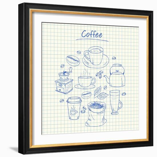 Coffee Doodles - Squared Paper-kytalpa-Framed Art Print