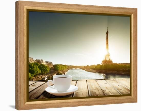 Coffee on Table and Eiffel Tower in Paris-Iakov Kalinin-Framed Premier Image Canvas