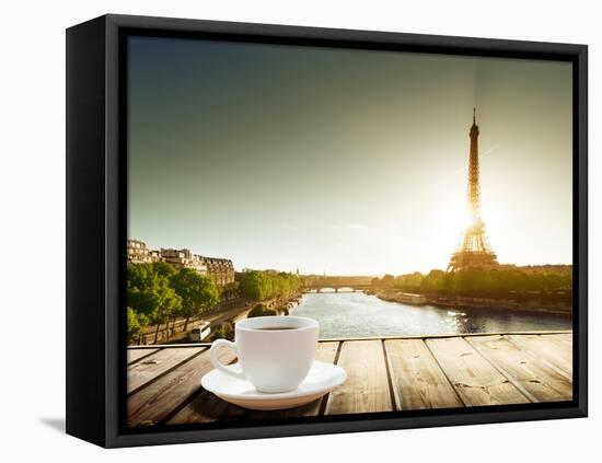 Coffee on Table and Eiffel Tower in Paris-Iakov Kalinin-Framed Premier Image Canvas
