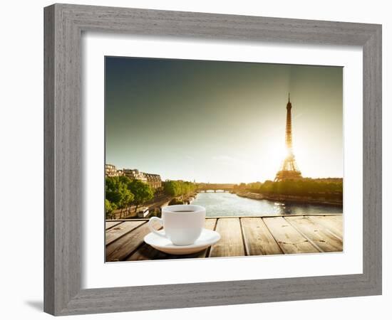 Coffee on Table and Eiffel Tower in Paris-Iakov Kalinin-Framed Photographic Print