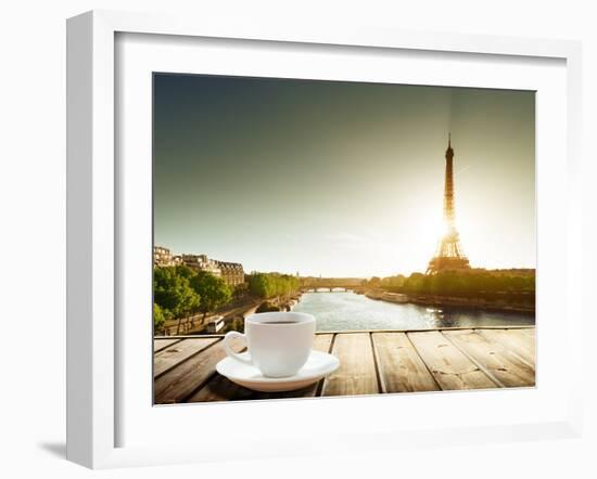 Coffee on Table and Eiffel Tower in Paris-Iakov Kalinin-Framed Photographic Print