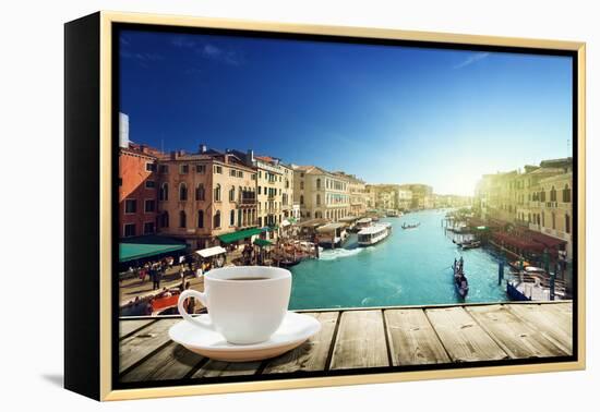 Coffee on Table and Venice in Sunset Time, Italy-Iakov Kalinin-Framed Premier Image Canvas