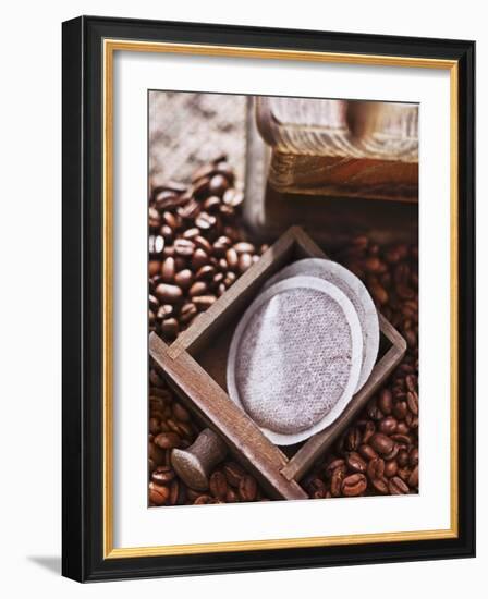 Coffee Pads, a Coffee Mill and Coffee Beans-Daniel Reiter-Framed Photographic Print