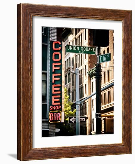 Coffee Shop Bar Sign, Union Square, Manhattan, New York, United States, Vintage Colors-Philippe Hugonnard-Framed Photographic Print