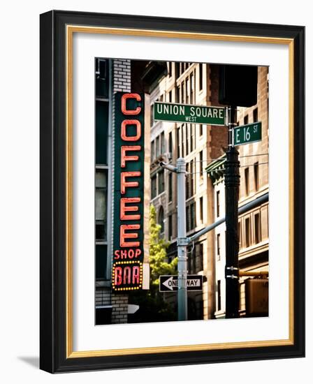 Coffee Shop Bar Sign, Union Square, Manhattan, New York, United States, Vintage Colors-Philippe Hugonnard-Framed Photographic Print