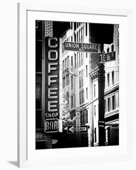 Coffee Shop Bar Sign, Union Square, Manhattan, New York, US, Old Black and White Photography-Philippe Hugonnard-Framed Photographic Print