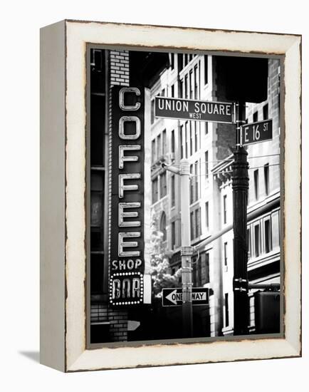 Coffee Shop Bar Sign, Union Square, Manhattan, New York, US, Old Black and White Photography-Philippe Hugonnard-Framed Premier Image Canvas