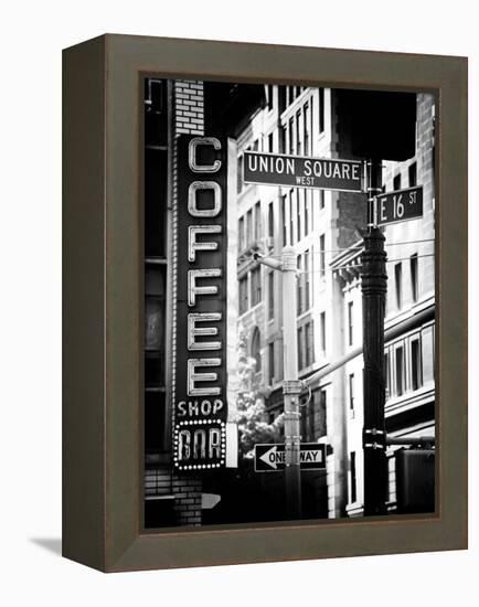 Coffee Shop Bar Sign, Union Square, Manhattan, New York, US, Old Black and White Photography-Philippe Hugonnard-Framed Premier Image Canvas