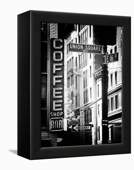 Coffee Shop Bar Sign, Union Square, Manhattan, New York, US, Old Black and White Photography-Philippe Hugonnard-Framed Premier Image Canvas