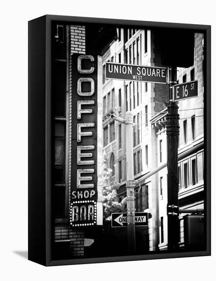 Coffee Shop Bar Sign, Union Square, Manhattan, New York, US, Old Black and White Photography-Philippe Hugonnard-Framed Premier Image Canvas