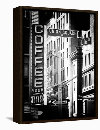 Coffee Shop Bar Sign, Union Square, Manhattan, New York, US, Old Black and White Photography-Philippe Hugonnard-Framed Premier Image Canvas