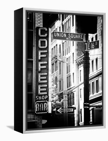 Coffee Shop Bar Sign, Union Square, Manhattan, New York, US, Old Black and White Photography-Philippe Hugonnard-Framed Premier Image Canvas