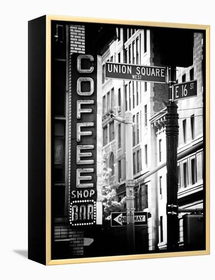 Coffee Shop Bar Sign, Union Square, Manhattan, New York, US, Old Black and White Photography-Philippe Hugonnard-Framed Premier Image Canvas