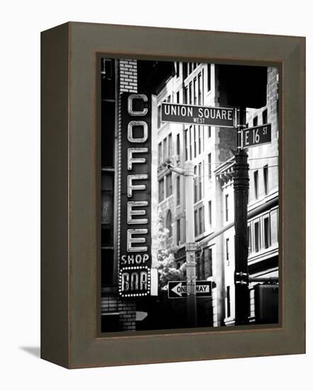 Coffee Shop Bar Sign, Union Square, Manhattan, New York, US, Old Black and White Photography-Philippe Hugonnard-Framed Premier Image Canvas