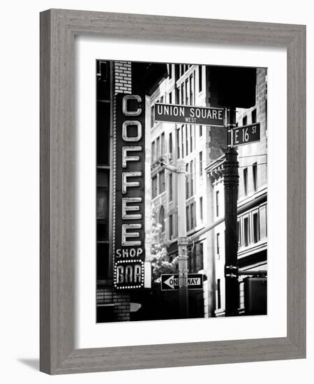 Coffee Shop Bar Sign, Union Square, Manhattan, New York, US, Old Black and White Photography-Philippe Hugonnard-Framed Photographic Print