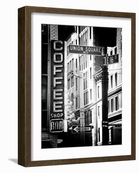 Coffee Shop Bar Sign, Union Square, Manhattan, New York, US, Old Black and White Photography-Philippe Hugonnard-Framed Photographic Print