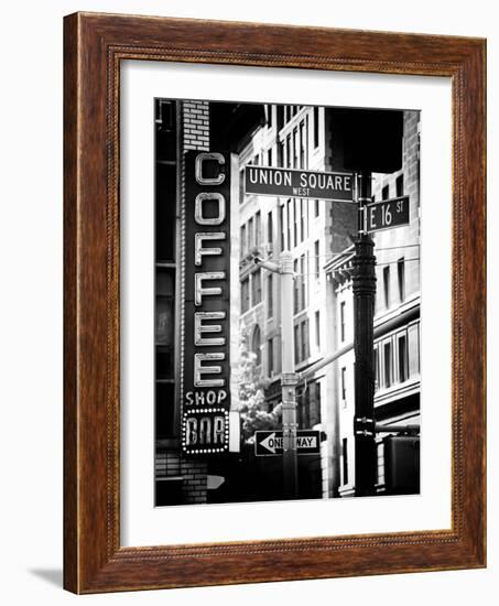 Coffee Shop Bar Sign, Union Square, Manhattan, New York, US, Old Black and White Photography-Philippe Hugonnard-Framed Photographic Print